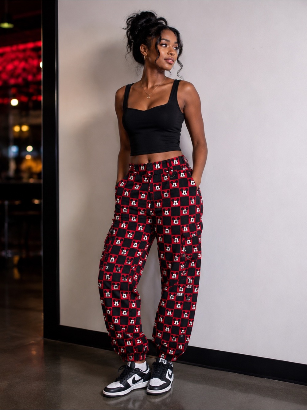 Disney x Forever 21 Mickey Mouse Checkered Cargo Cotton Joggers